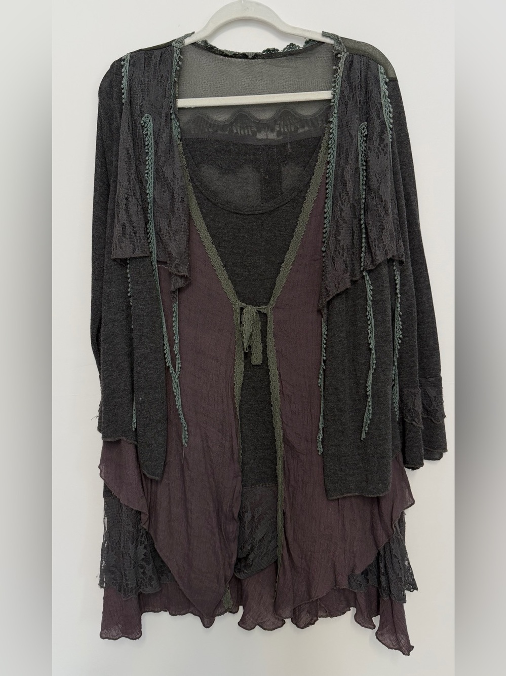 Women's Layered Open-Front Lace-Trim Sweater Tunic - Dark Charcoal & Plum